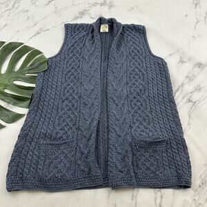 Kilronan Knitwear Womens Merino Wool Sweater Vest Size L Blue Cable Knit Open